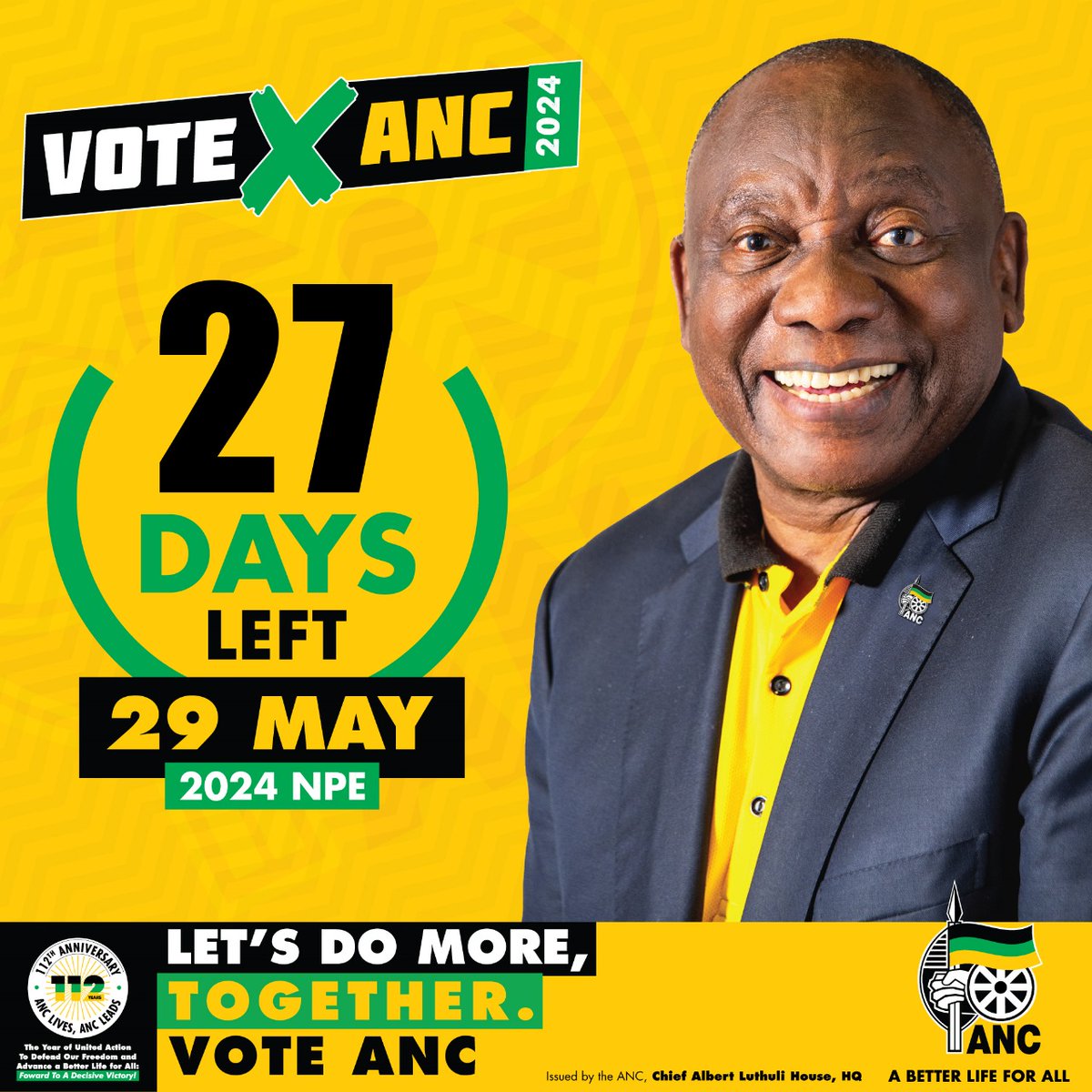 27 Days to go until the 2024 National and Provincial Elections on the 29th of May 2024!

1st Ballot: #VoteANC ❎
2nd Ballot: #VoteANC ❎
3rd Ballot: #VoteANC ❎

#VoteANC2024
#LetsDoMoreTogether ⚫️🟢🟡