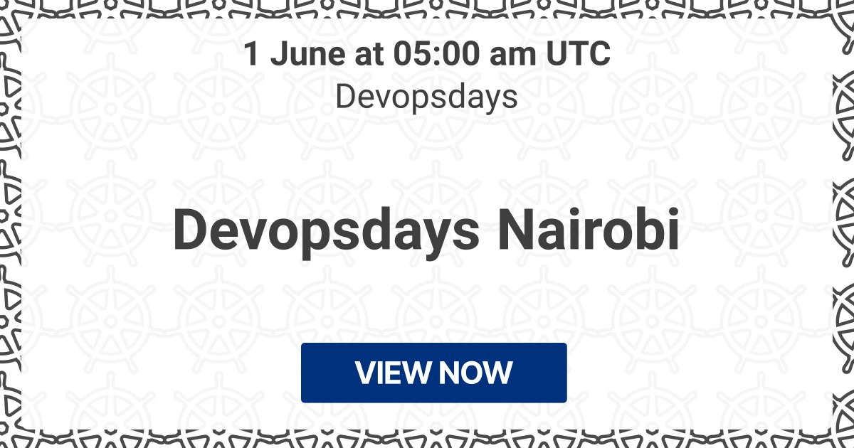 Starting in a month: 🔥 Devopsdays Nairobi (Devopsdays) 📍 In-person conference 📅 1 Jun ⏰ 01/06/2024, 05:00 UTC → kube.events/t/74d8d52e-80e…