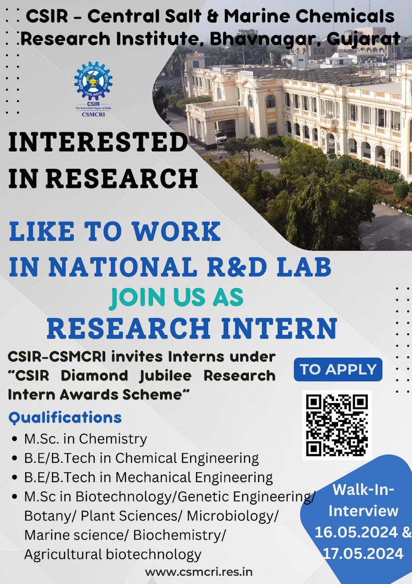 Walk-in-Interview on May 16 and 17, 2024, @CSIR_IND