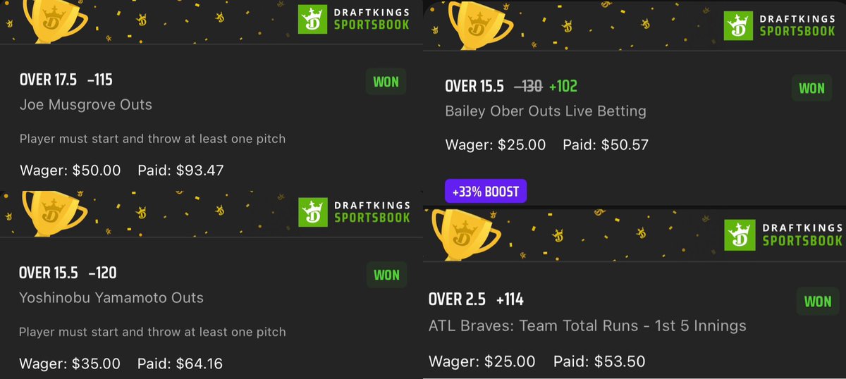 Cash these 4 MLB Straights from @ryanpropz ⚾️⚾️ $50 ➡️ $93.47 💰 $25 ➡️ $50.57 💰 $35 ➡️ $64.16 💰 $25 ➡️ $53.50 💰 Posted in the discord ➡️ GoldBoys.com