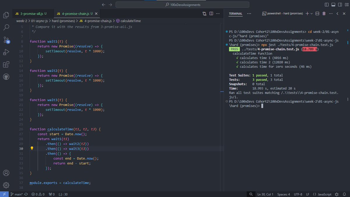 #Day10 #Day11 
✅Finally solved all 4 problems from week-2/01-asyncjs/Hard Promises 
Solving Promises problems and paasing all test cases is confidence booster 🚀

@kirat_tw @100xDevs
#100xDevs #100DaysOfCode #WebDevelopment