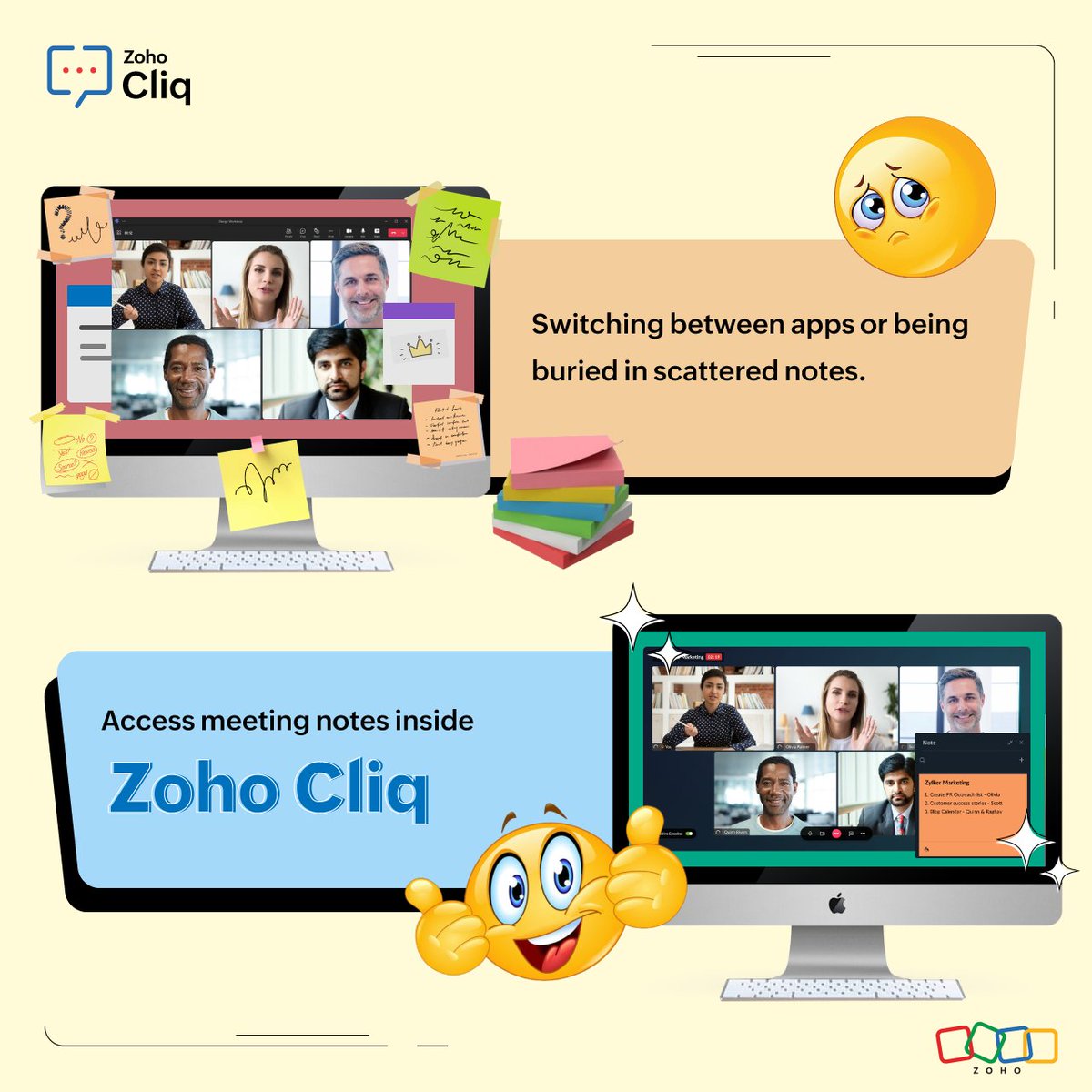 ZohoCliq's tweet image. @ZohoNotebook 𝐢𝐧𝐭𝐞𝐠𝐫𝐚𝐭𝐢𝐨𝐧 for 𝐙𝐨𝐡𝐨 𝐂𝐥𝐢𝐪
Streamline your workflow with all your meeting notes in one place. Say goodbye to the chaos of multiple platforms and sticky notes! #CliqIntegrations #ZohoNotebook