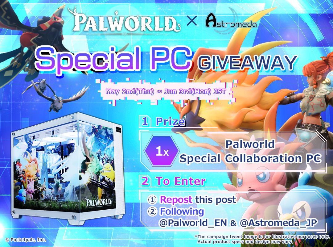 ⚡PALWORLD COLLAB PC GIVEAWAY⚡

👇NOW ON SALE👇
shop.mining-base.co.jp/pages/palworld…

To celebrate this announcement, we are giving away a PC to one lucky winner🎊

📝TO ENTER
1⃣ Repost this post
2⃣ Follow <a href="/Palworld_EN/">Palworld</a> <a href="/Astromeda_JP/">Astromeda【公式】(アストロメダ@ゲーミングPC / マイニングベース )</a>

ENDS: Jun 3rd (Mon) JST

#Palworld #Astromeda