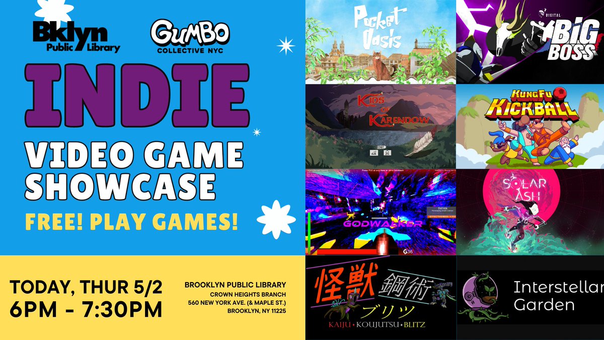 It's gonna be a blast tonight at @BKLYNlibrary - Crown Heights!

Come meet local #gamedev s and check out our #indiegames + learn more about making games!!  

#NYMakesGames #library #nycmeetup #expo #publiclibrary @MadeinNY