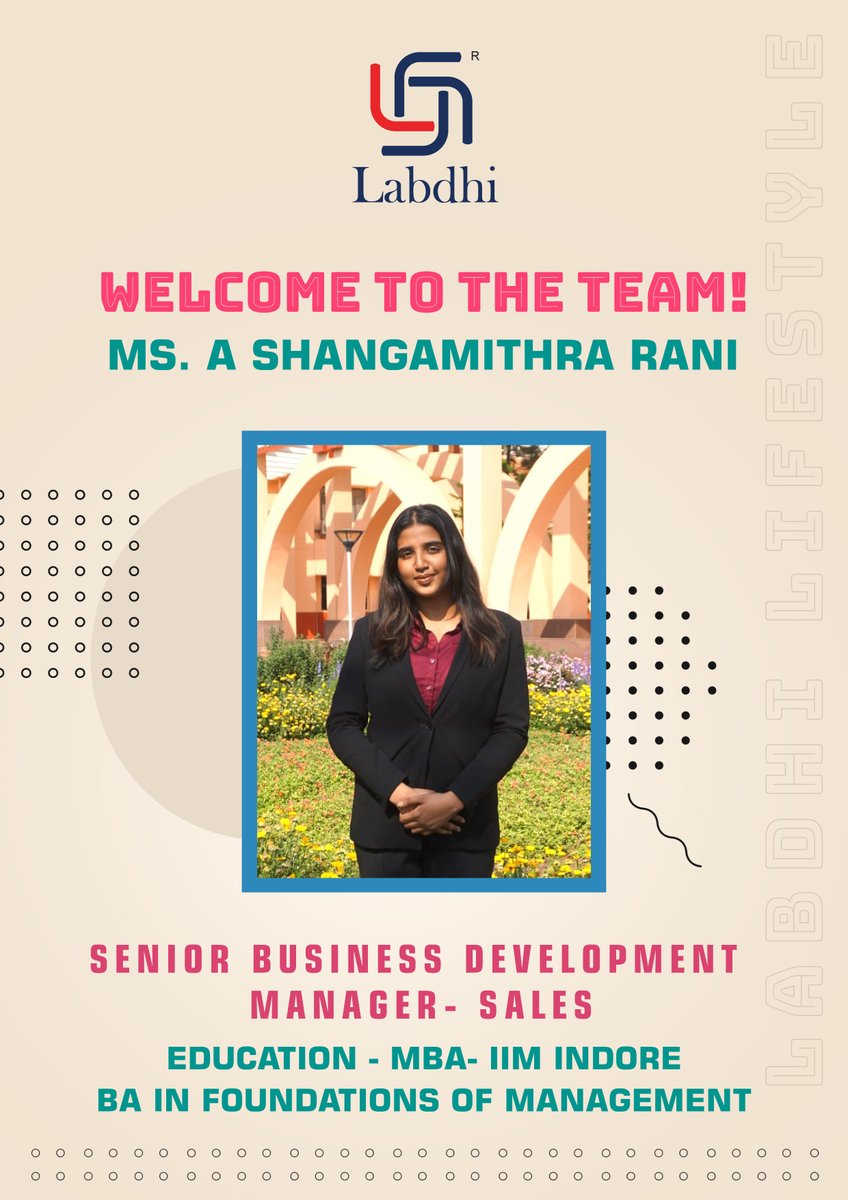 Team Labdhi welcomes Ms. A Shangamithra Rani, Senior Business Development Manager- Sales. 🤝
We wish you all the best for your new journey at Labdhi!

#TeamLabdhi #Manager #Sales #NewJoinee #Welcome #RealEstate #Mumbai #LabdhiLife