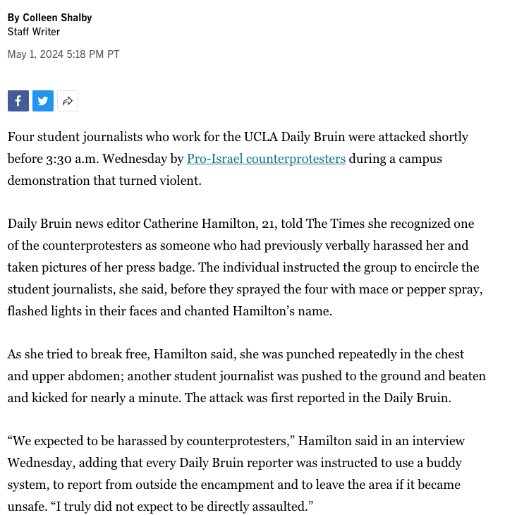 Pro-Israel counter-protesters assaulted four journalists on the UCLA campus early Wednesday morning latimes.com/california/sto…