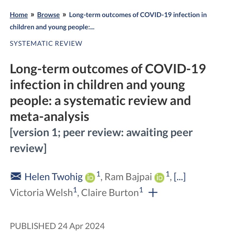 Symptoms in community < than hospital samples. 
Limited good quality data on other  sequalae in CYP. 
Heterogeneity in methods of diagnosis, symptom classification, assessment method and duration of follow-up made  synthesis less secure.
#LongCovidKids 
openresearch.nihr.ac.uk/articles/4-22/…