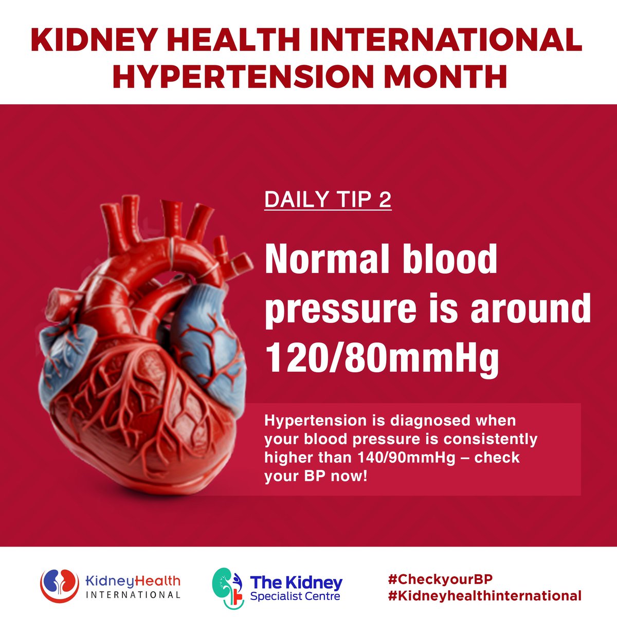 What is considered normal blood pressure? If it’s above 140/90mmHg on three occasions, you are considered to have hypertension. Get help! Have you checked your blood pressure yet? #kidneyhealthinternational #HypertensionMonth #CheckYourBloodPressure #hypertensionawareness