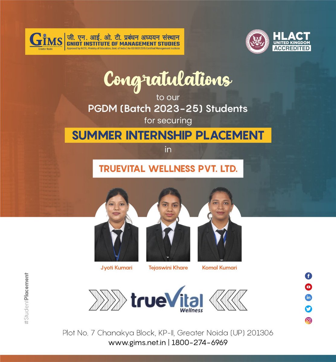 GIMS, Greater Noida proudly announces the SIP selection of its PGDM 2023-25 Batch students in Truevital. We wish them the best for a great learning experience ahead! Visit our Website: gniotgroup.edu.in Toll Free No.: 18002746969 #gims #gniot #gimsian #SIPplacements