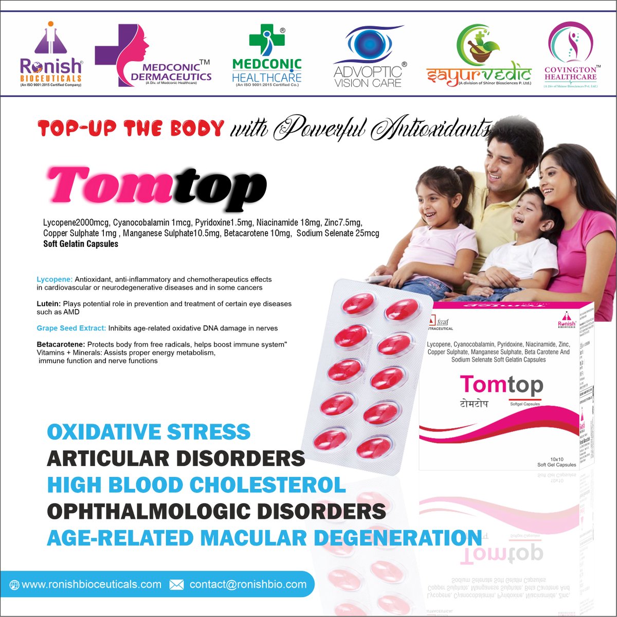 🔍 Introducing TOMTOP CAP - Your Ultimate Health Companion! 🔍

🔹 TOMTOP CAP offers a powerhouse formula with Lycopene, Cyanocobalamin, Pyridoxine, Niacinamide, Zinc, and more! 💊

#RonishBioceuticals #TOMTOPCAP #PCDPharmaFranchise #HealthSupplements  #QualityHealthcare