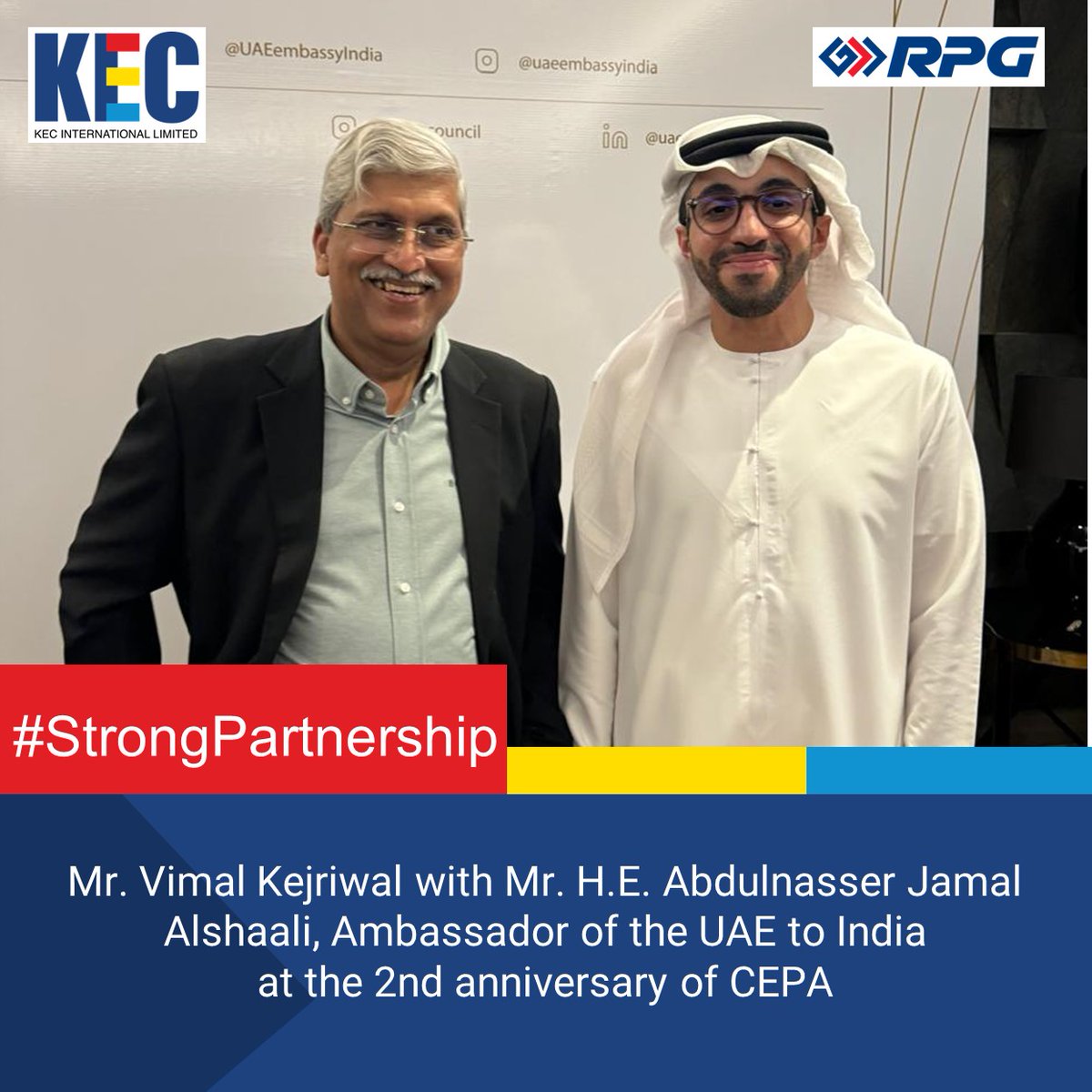 An honour to meet H.E. Abdulnasser Jamal Alshaali, Ambassador of the #UAE to #India, at the 2nd anniversary of CEPA! Proud of KEC's footprint in the UAE, contributing to transformative projects.
@kejriwalv1 @aj_alshaali @cepacouncil
#TwoYearsOfCEPA #KECInternational