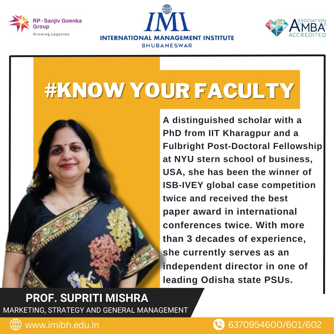 IMI Bhubaneswar is glad to introduce Professor Supriti Mishra as a part of your #Knowyourfaculty campaign.

We are proud to have Professor Supriti Mishra as a member of our beloved IMI family.

#imib #imibhubaneswar #knowyourfaculty #experience #knowledge #management #leadership