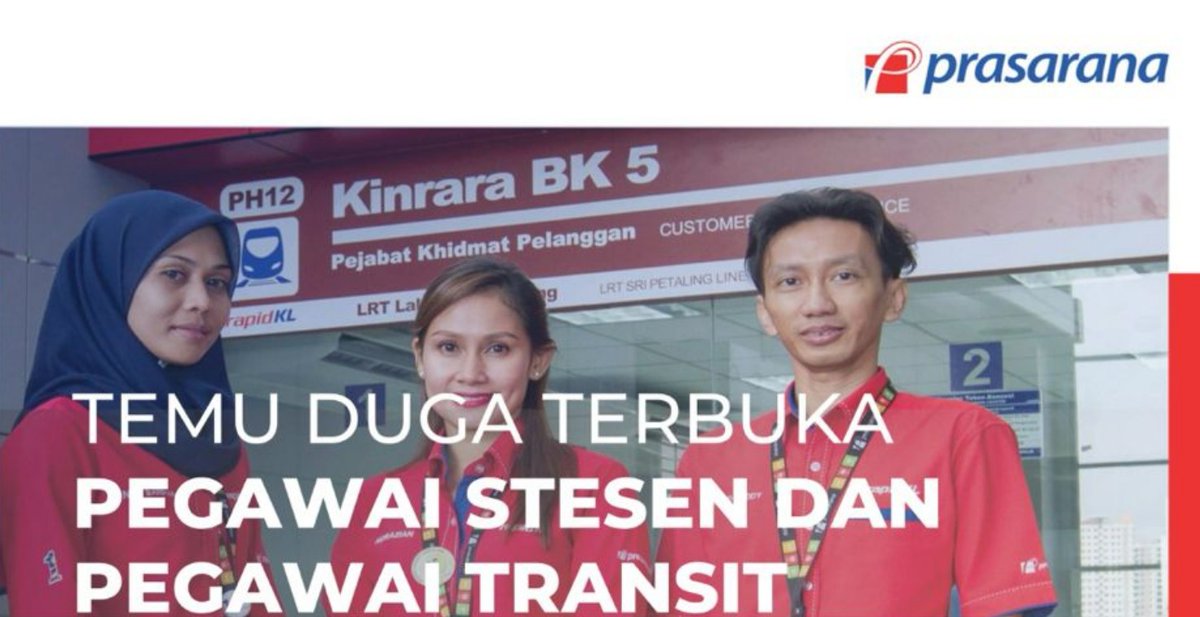 ✅ PRASARANA MALAYSIA BERHAD

Jawatan  
* PEGAWAI STESEN
* PEGAWAI TRANSIT

📌 Iklan Penuh : peluangkerjaya.com/jobs/prasarana…

#kerjakosong #jawatankosong #peluangkerjaya #carikerja #hiringnow #jobstreet