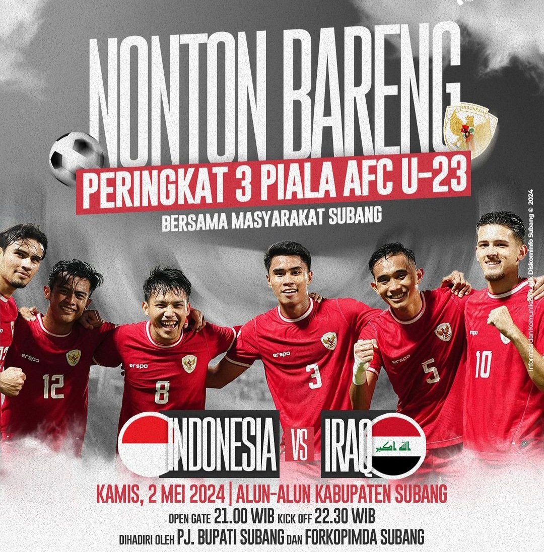 #nobarSubang Yang kemarin sudahlah, sekarang, yuk dukung lagi timnas Indonesia dlm memperebutkan juara ke 3 supaya bisa lolos ke olimpiade Paris!

Kamis, 2 Mei 2023
Alun2 Subang
21.00 sd selesai

Source : @ pemkab_subang

#TimnasDay 
#TimnasIndonesia 
#AFCU23AsianCup
