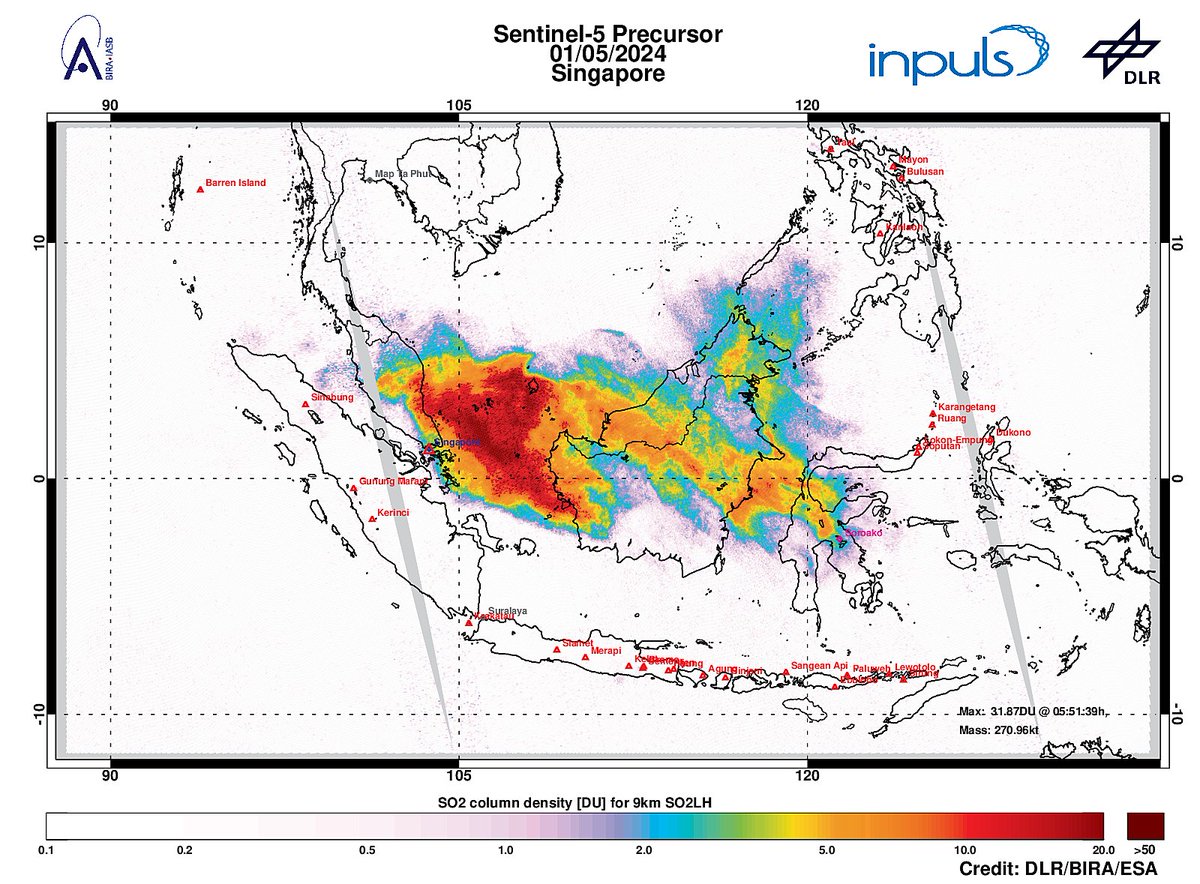 On 2024-05-01 #TROPOMI has detected a strong SO2 signal of 22.35DU at 4.9N,119.7E. Next volcano: #Singapore (325.4km). #DLR_inpuls @tropomi #S5p #Sentinel5p @DLR_en @BIRA_IASB @ESA_EO #SO2LH