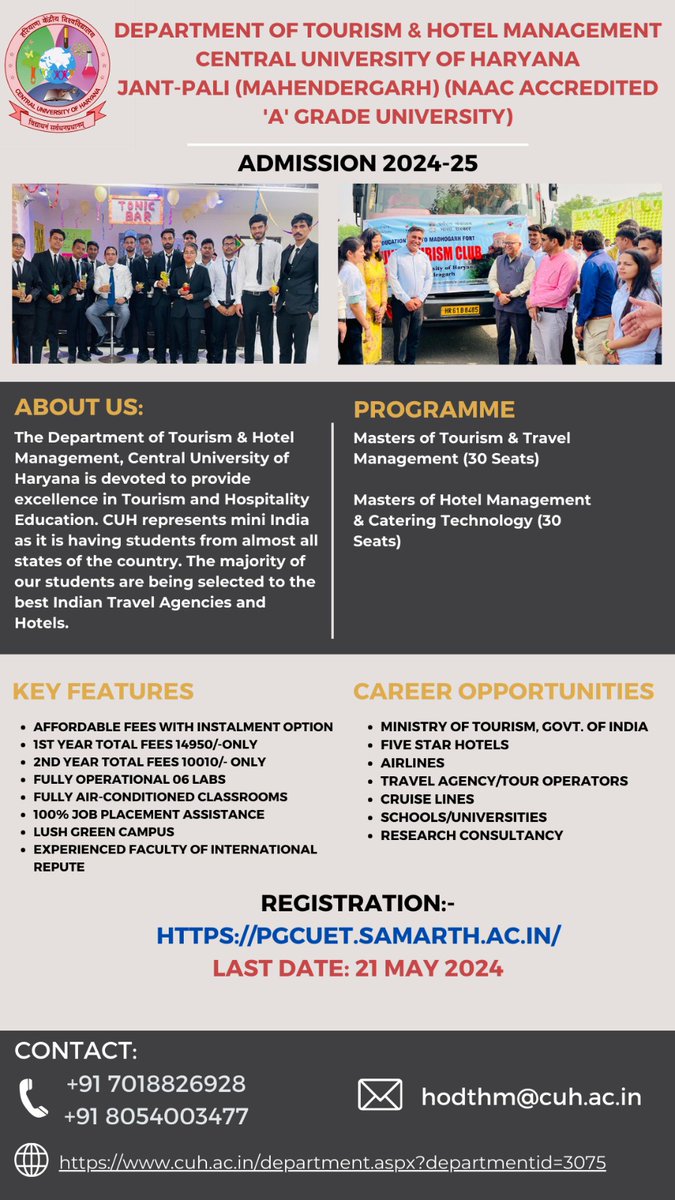 Registration is open for Master of Tourism & Travel Management (MTTM) and Master of Hotel Management & Catering Technology (MHMCT) programme. Last date May 21, 2024. @CUHofficial @EduMinOfIndia @ugc_india @AIUIndia @AICTE_INDIA @DiprHaryana @PIB_India