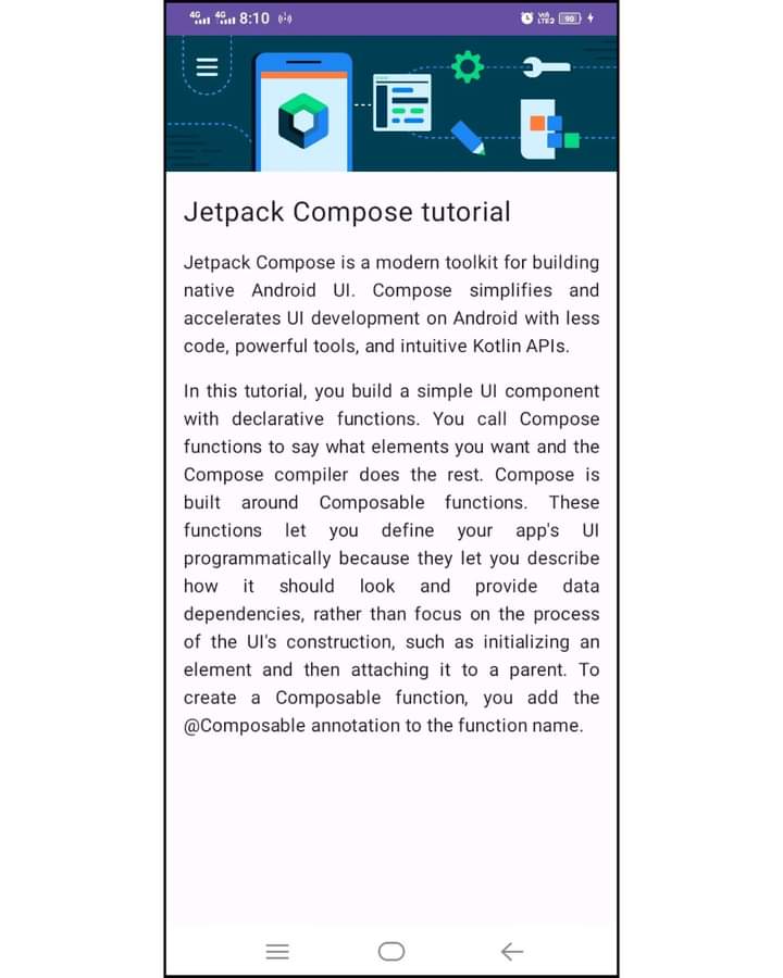 I built a screen for the 'Learn Together' app, which displays a tutorial for Jetpack Compose. I used image and string resources in this learning activity.

#jetpackcompose #kotlin #android #coding #business #androiddevelopment #androiddeveloper #app #appdesign