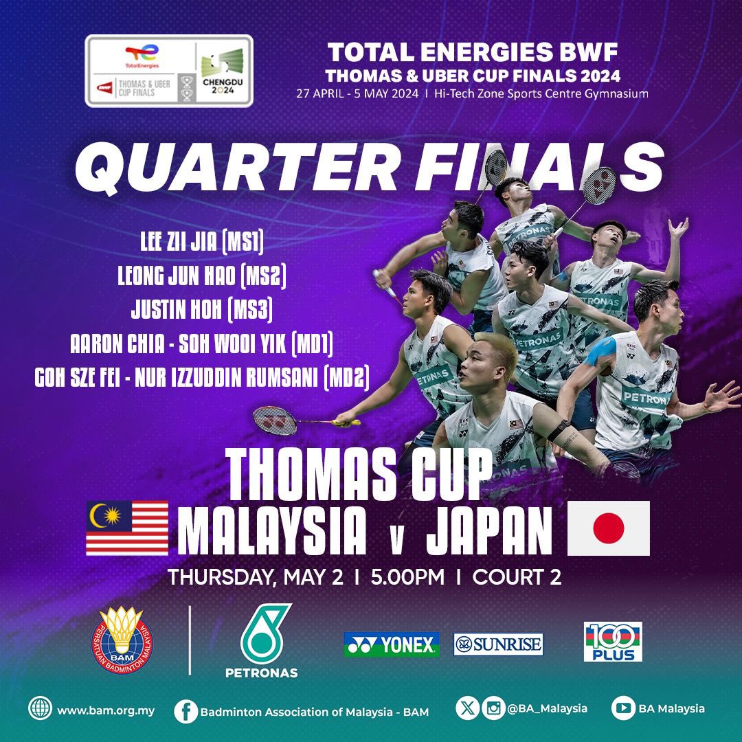 #ThomasCup2024 QF | Team Lineup

🇲🇾🆚🇯🇵

📺 Astro Supersport

Ayuh, beri sokongan kepada team kita! 🫡

#DemiMalaysia
#BadmintonMalaysia