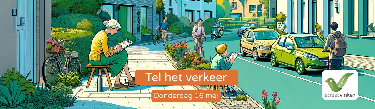 Straatvinken brengt de evolutie van het verkeer op straatniveau in kaart. Vink op 16/5 van 17 tot 18u aan hoeveel voetgangers, fietsers en andere voertuigen er door je straat passeren met een tel-app of een papieren telformulier, te downloaden via straatvinken.be.