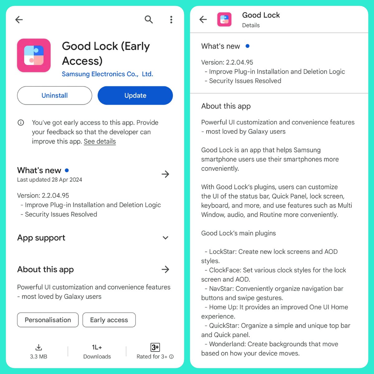 Breaking ‼️ 

Good lock is now available in Google Play Store. Hope it will available to more countries. 🌐

Search 'Good Lock' in playstore and check whether it's available in your country 

Repost to create awareness 

#OneUI6 #Samsung #GalaxyS24 #GalaxyS23 #Goodlock📱📲