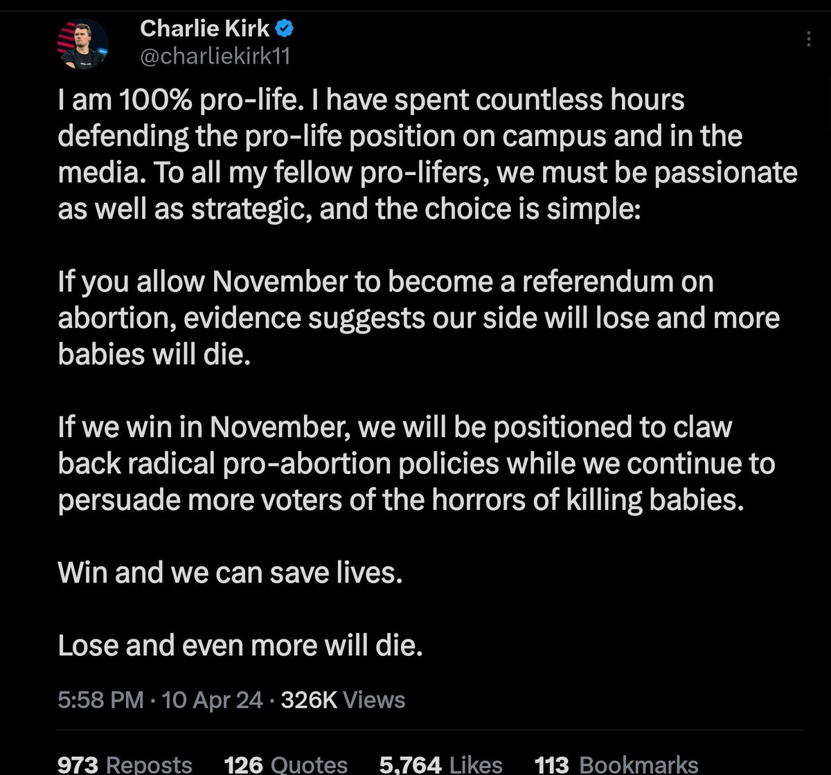 Charlie Kirk: 'Do not talk about banning abortion because we will lose, and we can only ban abortion if we win' Lie, get power, do whatever the hell you want is the MAGA way.
