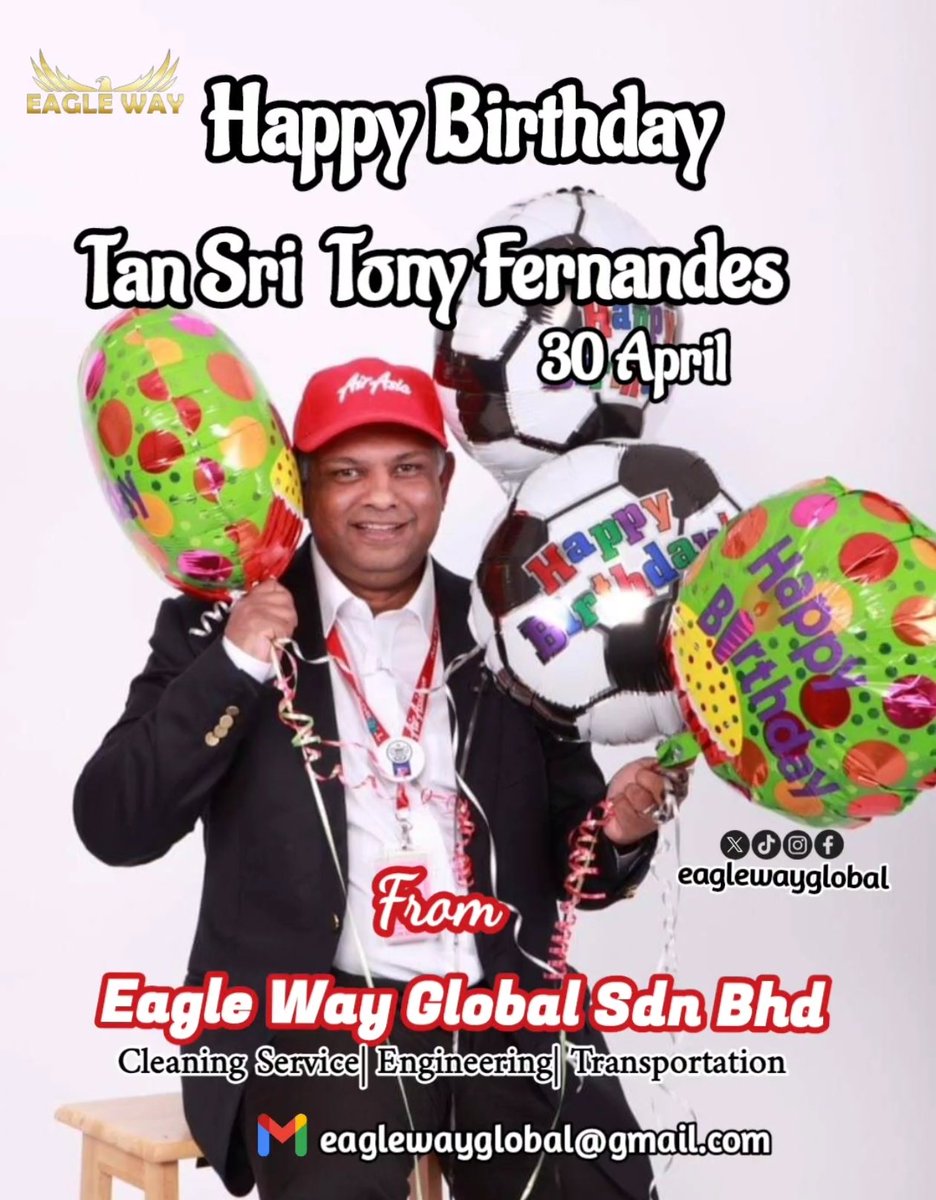 We wish you all the extraordinary experiences and adventures that life has to offer. Happy Birthday Tan Sri Tony Fernandez(GCEO Air Asia Berhad).Hope Air Asia Berhad & Eagle Way Global Sdn Bhd collaborate or work together soon!!#eaglewayglobal 
#eagleway #tonyfernandes 
#airasia