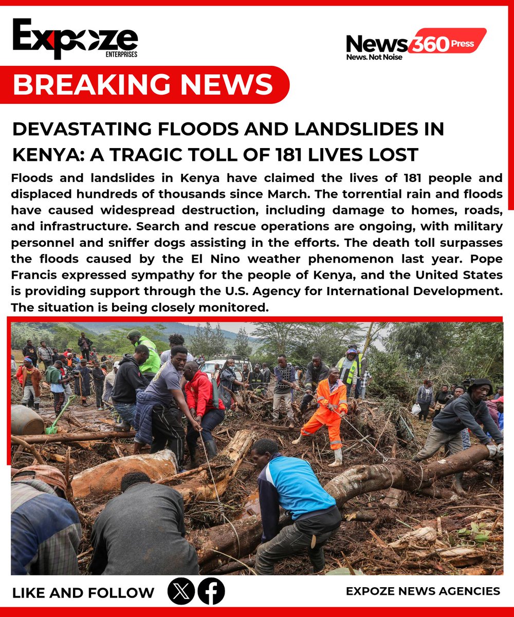 #BREAKING: Devastating Floods and Landslides in Kenya: A Tragic Toll of 181 Lives Lost

#KenyaFloods #LandslideTragedy #KenyaDisaster #NaturalDisaster #FloodsInKenya #LandslidesInKenya #KenyaEmergency #FloodRelief #DisasterResponse #KenyaCrisis #EmergencyAid #SupportKenya #PrayFo