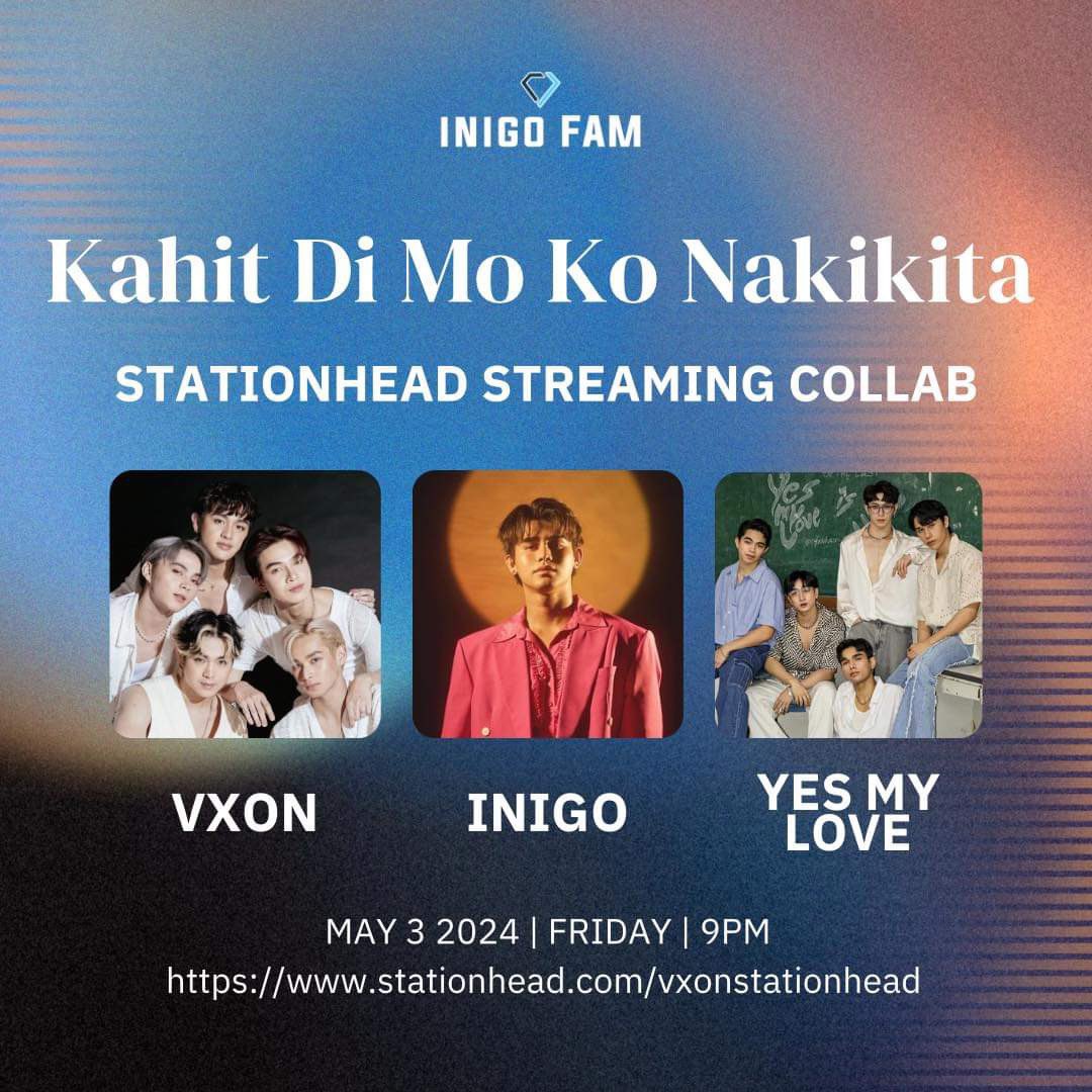 INIGO FAM (Loveties) (@lovetiesofc) on Twitter photo INIGO x VXON x YES MY LOVE
<a href="/STATIONHEAD/">STATIONHEAD</a> collaboration
made possible by <a href="/UMG_PH/">UMG Philippines</a> ✨
📅MAY 3, 2024
📻stationhead.com/vxonstationhead
⏰ 9-11 PM PHT
Join us INIGO FAM 🫶
#KDMKN2 #InigoPascual #VXON #YesMyLove INIGO x VXON x YES MY LOVE
<a href="/STATIONHEAD/">STATIONHEAD</a> collaboration
made possible by <a href="/UMG_PH/">UMG Philippines</a> ✨
📅MAY 3, 2024
📻stationhead.com/vxonstationhead
⏰ 9-11 PM PHT
Join us INIGO FAM 🫶
#KDMKN2 #InigoPascual #VXON #YesMyLove