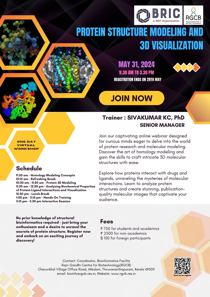 #RGCB Bioinformatics facility is organizing a 1-day online workshop on 'Protein structure Modeling & 3D Visualization' by Sivakumar K C on May31, 2024 Last date: 29-05-2024. rgcb.res.in/cbb-events.php Reg: rgcb.res.in/cbb/cbb-create… @DrJitendraSingh @rajesh_gokhale @DBTIndia @IndiaDST