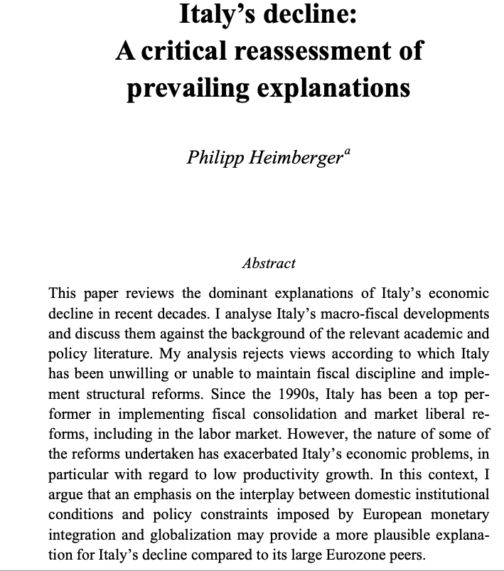 A critical reassessment of explanations of Italy's decline. I have a new article on this. I use data on reforms, macro and fiscal developments since 1960 and compare 🇮🇹 to its largest €zone peers. I reject mainstream explanations (no willingness for fiscal discipline and reform)