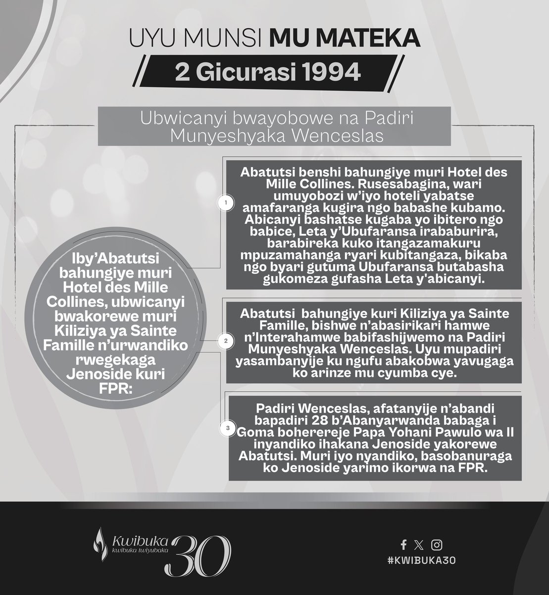 TODAY IN HISTORY On 2 May 1994, Tutsi seeking refuge at Hotel des Mille Collines were forced to pay for safety and shelter. Meanwhile, at St. Famille Catholic Church, Father Wenceslas Munyeshyaka and other perpetrators killed many Tutsi. Learn more: youtube.com/watch?v=pXDmIy……