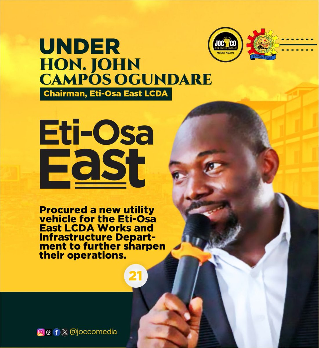Episode 33

Attached is a flyer of what Eti-Osa East has done under the leadership of Hon. John Ogundare Campos. 

Watch out for more! 

#transportation&procurement
#evidencedey
#JoccoIsWorking 
#expectmore

Jocco Media Nexus
