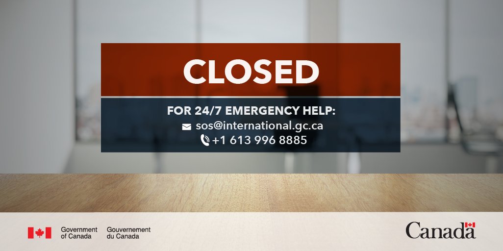 The Embassy will be closed on Sunday May 5th for Orthodox Easter. For 24/7 emergency help, contact us at sos@international.gc.ca or +1 613 996 8885. travel.gc.ca/assistance