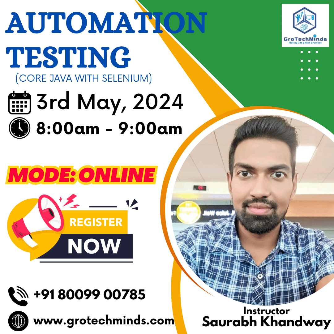 Automation Testing (Core Java with Selenium)

📅 3rd May, 2024
⏲ 8:00am - 9:00am

To Register for the course visit here : grotechminds.com/courses/automa…

 +91 80099 0078

#automationtesting #manualtesting #softwaretesting #softwaredevelopment #software #onlinecourse  #grotechminds