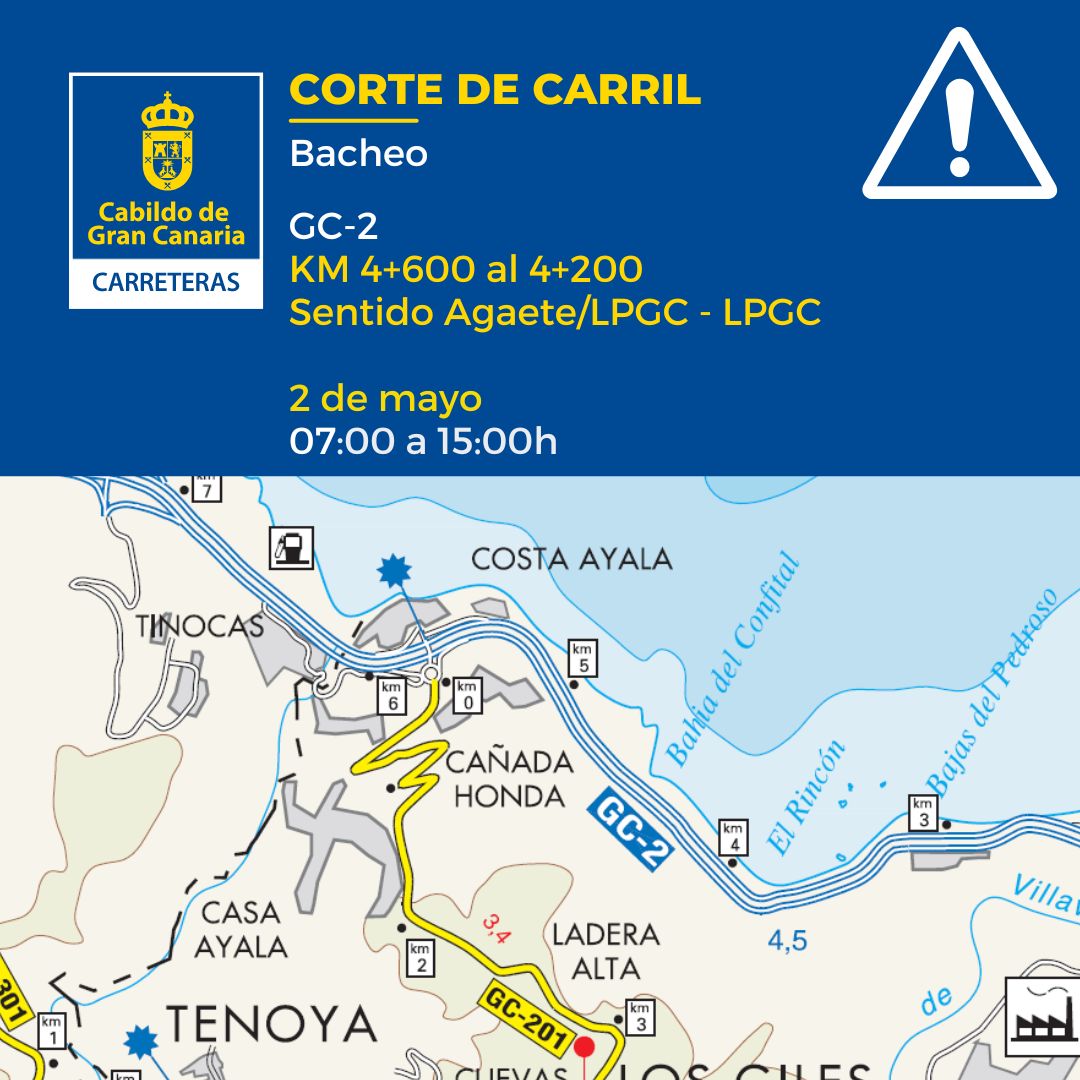 ❌Corte de carril❌
Bacheo

🛣️GC-2 Kilómetros 4+600 al 4+200 sentido Agaete/LPGC - LPGC 
🗓️2 de mayo
⏰07:00 a 15:00 h.

#CarreterasGC @guaguasglobal @FET_CANARIAS @GuaguasLPA