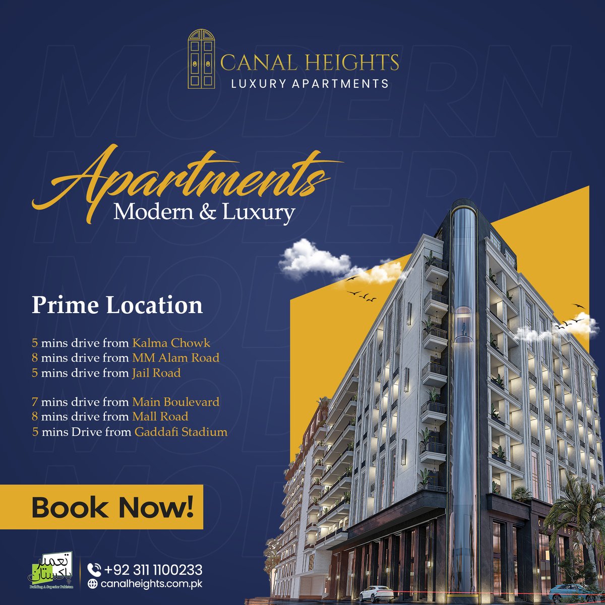 Make CANAL HEIGHTS your new address of distinction. Don't miss out on the chance to call this luxurious haven home – BOOK TODAY!
.
Call Now:
+92-311-1100233 (PK)
+971-50-2890722 (UAE)
.
#tameerpakistan #CanalHeights #LuxuryRealEstate #DreamApartment #LuxuryLifestyle #apartment