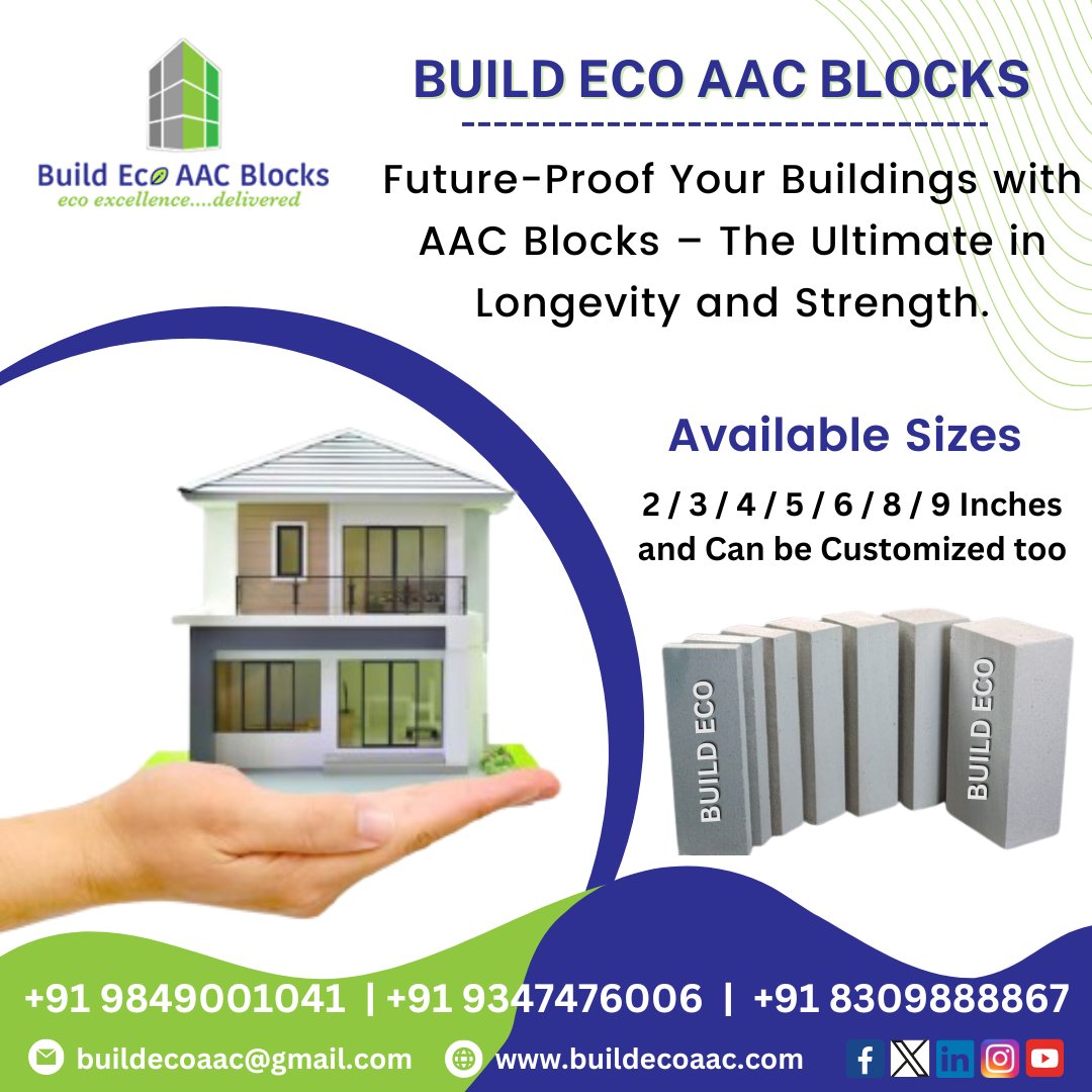 Build for the future with #AACblocks! When it comes to building for longevity and strength, AAC blocks stand tall as a superior choice. 

Contact Now : +91 9849001041/ 8309888867

#trending #Constructionmaterials #Hyderabad #Telangana #AndhraPradesh #BuildECOAACBlocks