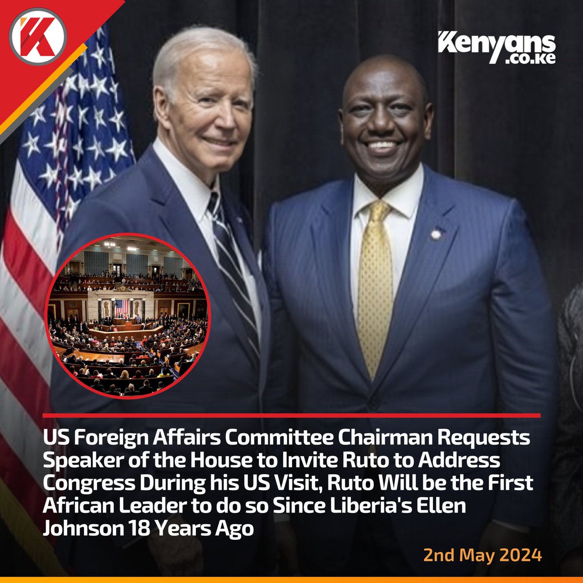 US Foreign Affairs Committee Chairman requests Speaker of the House Mike Johnson to invite President Ruto to address Congress