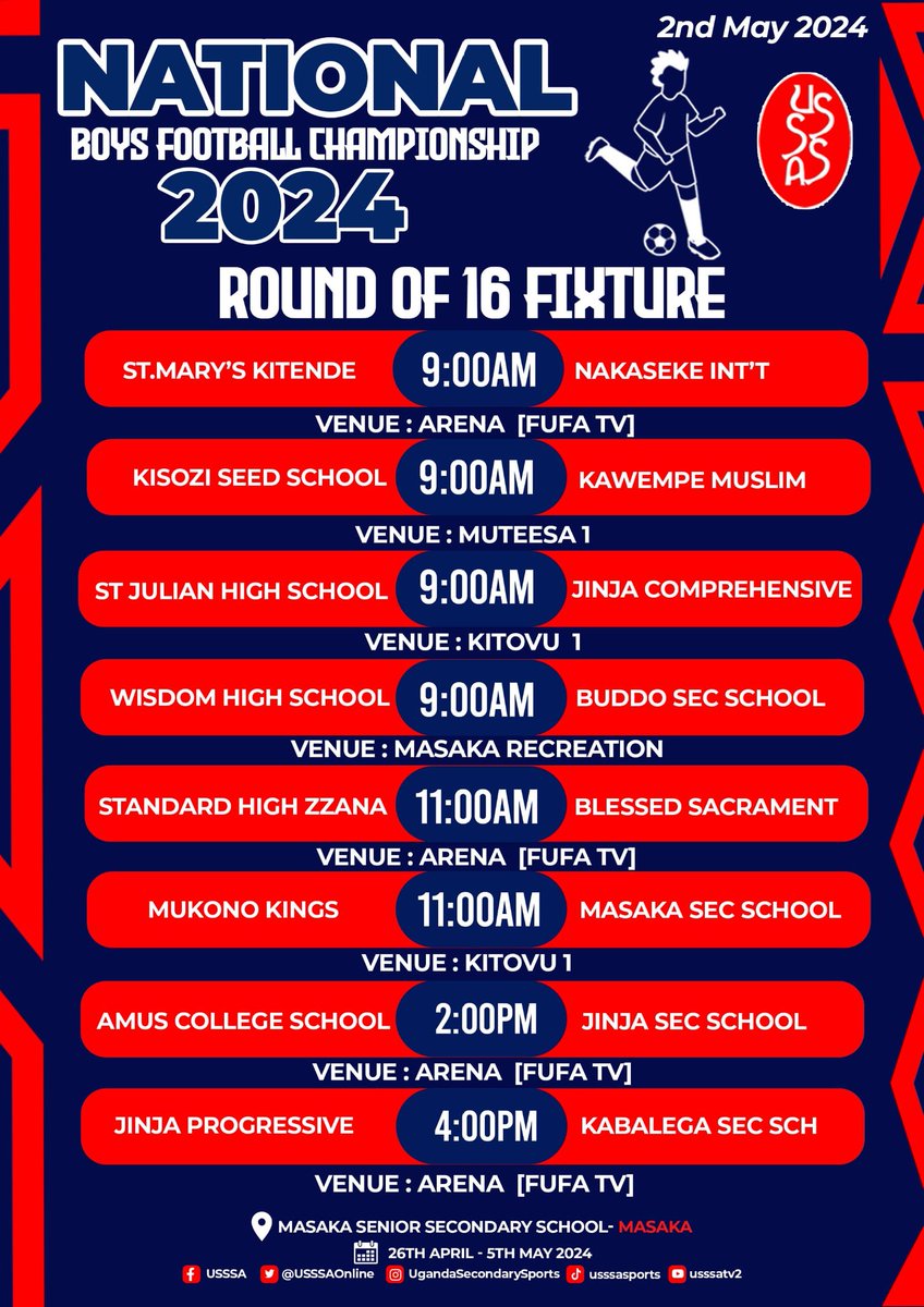 Your predictions? Here are the round of 16 fixtures. #USSSAGames2024 #USSSAFootballBoys2024