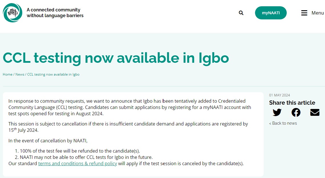 GOODNEWS!! Igbo language has now been added to the CCL testing. naati.com.au/news/ccl-testi…