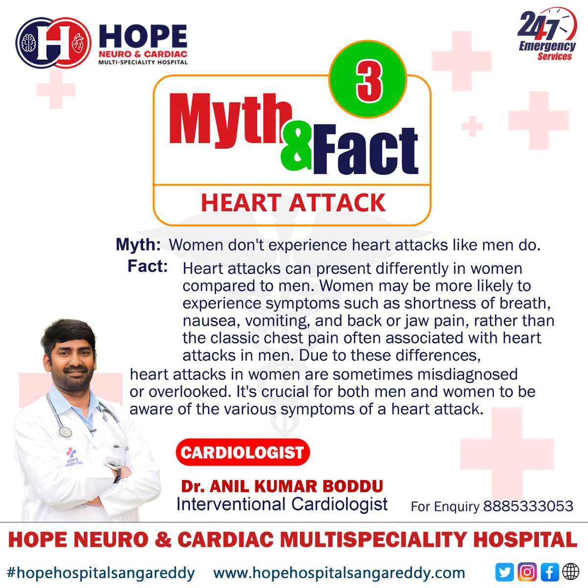 Myth & Fact about Heart Attack
Hope Neuro & Cardiac Multispecialty Hospital Sangareddy
Dr. Anil Kumar Boddu
Interventional Cardiologist
For Contact : 7729955455, 8885333053
#cardiology #CardiacArrest #heartproblems #pacemaker #angiogram #heartattack