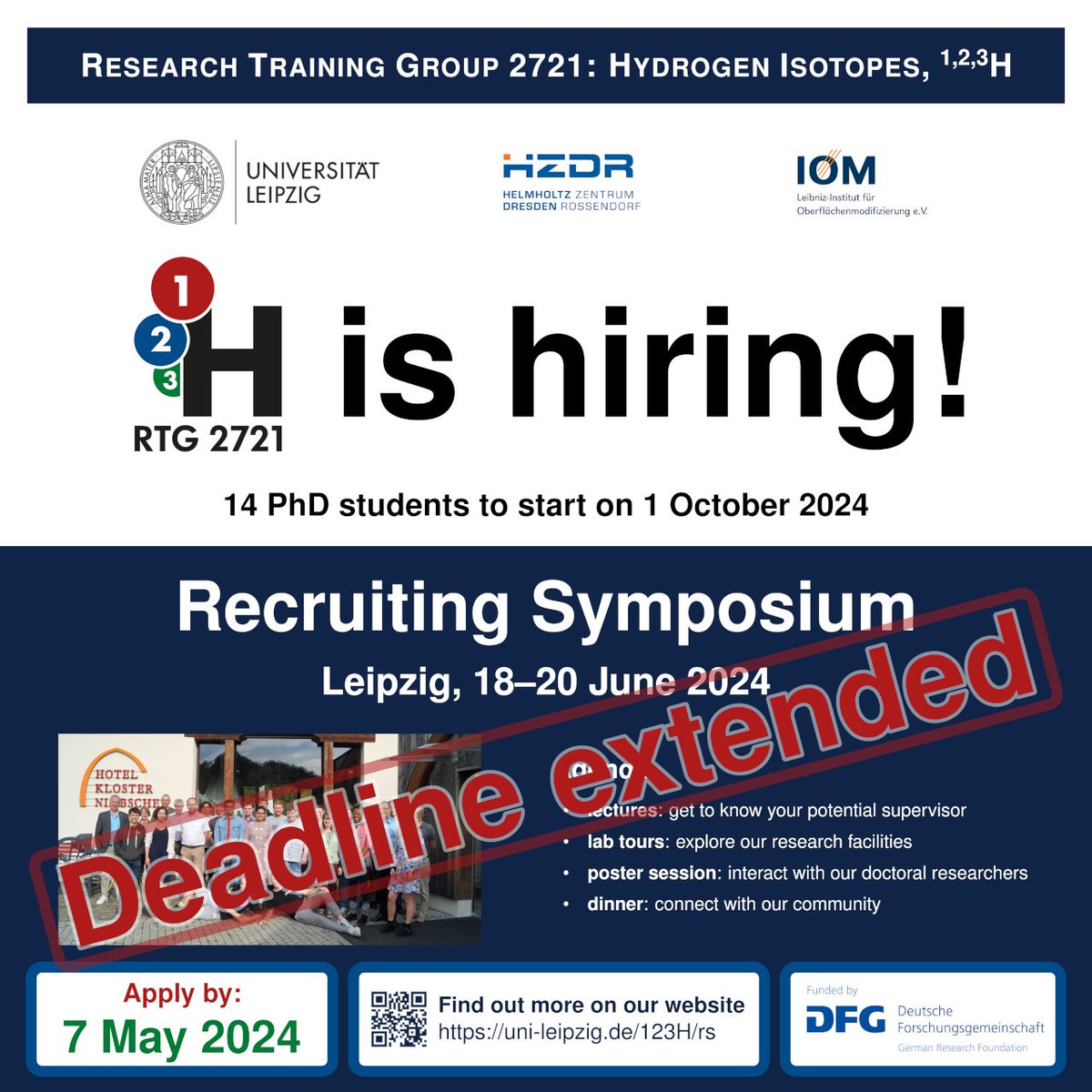 📢 Deadline extended:

Apply now for participation in the ¹²³H Recruiting Symposium and learn about our

14 #openpositions for a #structured #PhD in #chemistry / #physics

Find out more on our website:
uni-leipzig.de/123h/rs

#research #jobs #PhDPrograms #materialsscience