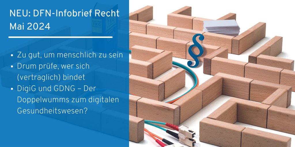 📢Jetzt online! Der #DFNInfobriefRecht im Mai @uni_muenster Themen u.a. Einsatz von #KI innerhalb von Prüfungsleistungen; Verträge mit #Emojis🧐 Verabschiedung von #DigiG & #GDNG; Arbeitgeberbewertungsportal Kununu👉dfn.de/dfn-infobrief-…