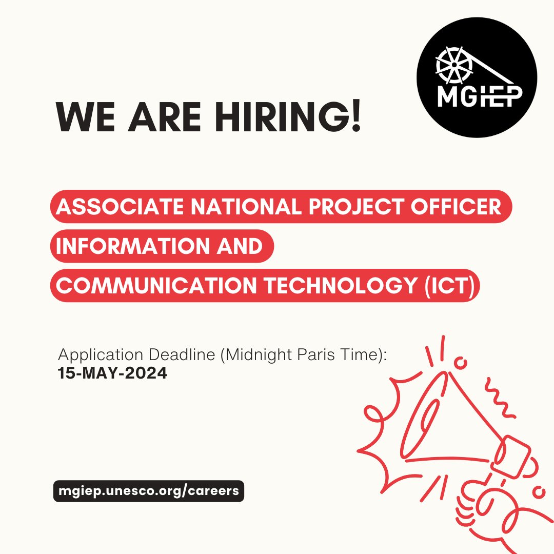 🔊We are #Hiring an Associate National Project Officer - Information and communication technology

📅Deadline: 15 MAY 2024

👉 Know more at mgiep.unesco.org/careers

#education #IT #informationtechnology #hiring #unescomgiep #uncareers #education #Jobs #unjobs