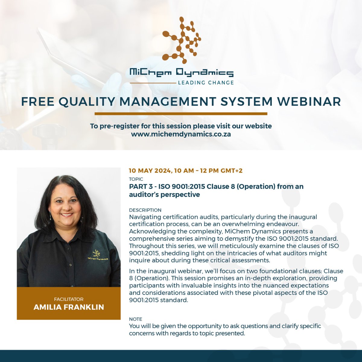 OUR FREE QUALITY (ISO 9001) WEBINAR SERIES FOR 2024 CONTINUES! Don’t miss out! Register here: us02web.zoom.us/webinar/regist…  Visit our website to pre-register for all our upcoming free 2024 quality webinars: michemdynamics.com/quality-servic…   #changinglives  #qualitymanagementsystem #ISO9001