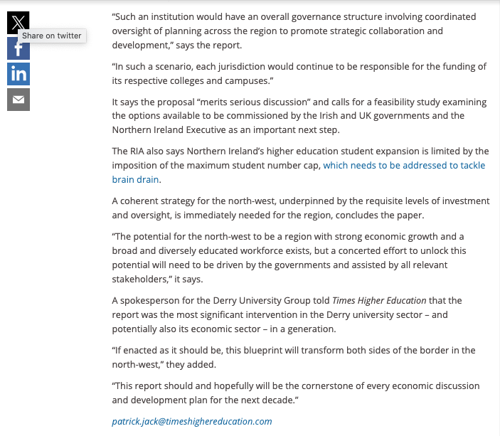 Important article by Paddy Jack of the Times Higher Education review (@timeshighered) on this week's Royal Irish Academy report recommending a cross-border North West University.