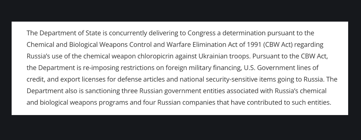 The U.S. Department of State confirms my earlier investigation for The Telegraph on the Russian use of chemical weapons in Ukraine - particularly the use of the choking agent 'Chloropicrin' - and imposes additional sanctions against entities involved.