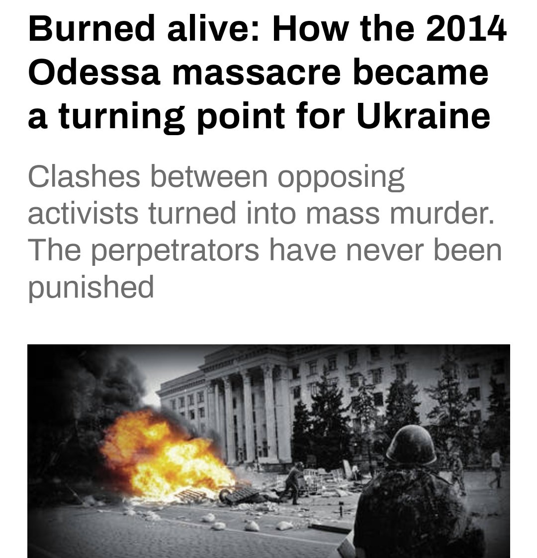 A total of 48 people died: two Maidan activists and 46 Kulikovo Field Anti-Maidan protesters – two on Grecheskaya Street, and 42 at Kulikovo Field Square. Eight people jumped from the building to their deaths, while others suffocated or died from burns.  rt.com/russia/554860-…