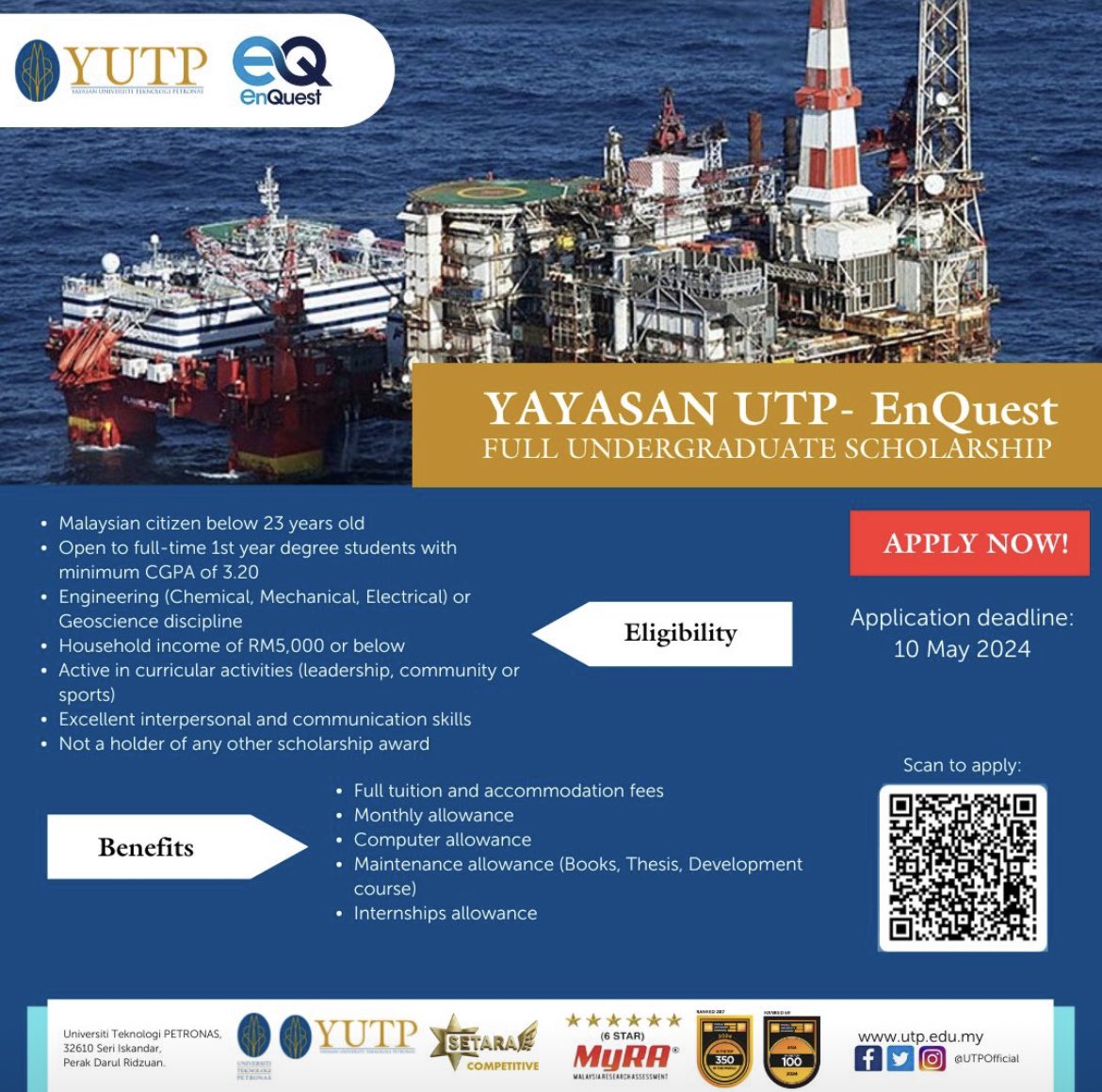 📣Calling all Year 1 students from the Engineering/Geoscience disciplines📣

Apply for the Yayasan UTP X EnQuest Full Undergraduate Scholarship! Full tuition coverage, accommodation, books, and more. Shape the future of the oil and gas industry!

Deadline: 10 May 2024
