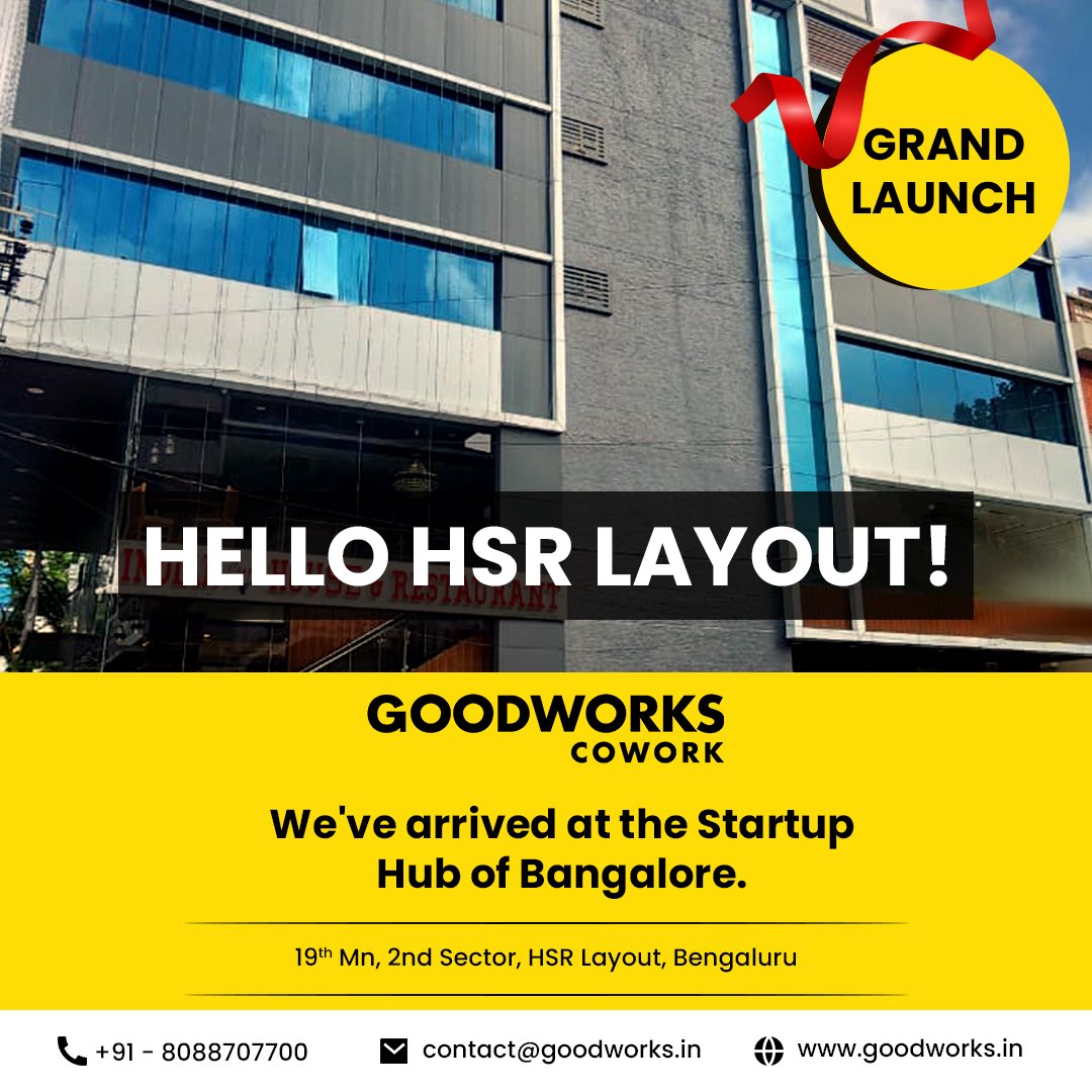 Exciting news!! GoodWorks CoWork, Bengaluru’s No.1 Coworking Brand, is now in HSR Layout, Bengaluru!!! If you are in HSR layout, drop by for a cup of coffee!! And connect with us for your office space requirements! #Bengaluru #coworking #space #cowork #goodworks #hsrlayout